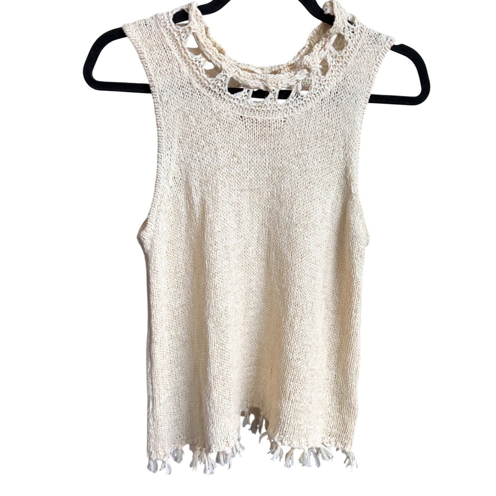 Pepin Anthropologie Sweater Tank Cream Boho Fringe Knit Sleeveless Top Medium